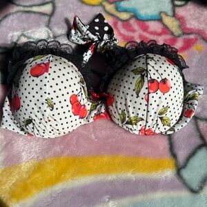 Beach Bunny White Polka Dot Cherry-Print Bikini Top with Black Lace vintage
